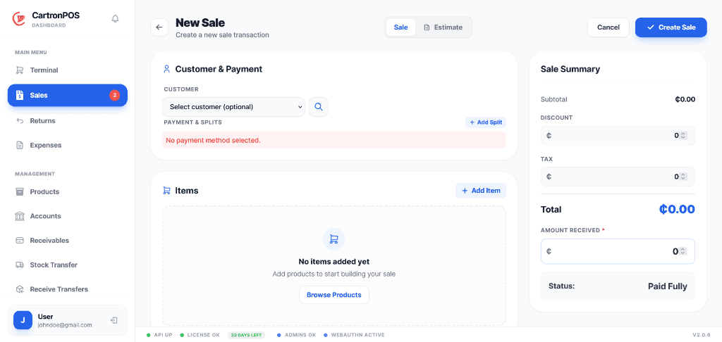 CartronPOS point-of-sale workspace