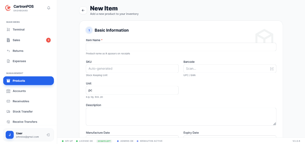Products and inventory screen in CartronPOS
